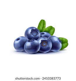 Realistic raw isolated ripe blueberry. 3d vector bountiful pile of ripe hurtleberry berries, glistening with a deep blue hue, nestled among fresh, verdant leaves, evoking the essence of nature bounty