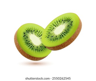 Fatias de kiwi maduro cruas realistas e isoladas. Vetor 3d isolado planta tropical fresca, peças de produto maduro groselha chinesa. Frutos exóticos naturais suculentos com casca rugosa e polpa verde com sementes