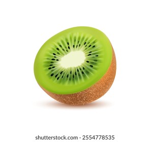 Realistic raw isolated ripe kiwi fruit half slice showing its vibrant green interior, black seeds, and brown fuzzy skin, fresh, juicy texture and cross section view. 3d vector halved tropical kiwi