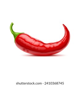 Realistic raw isolated whole chili pepper. 3d vector red pod, sleek and elongated, with curve tip, radiates heat with its smooth surface, promises a spicy culinary adventure to those daring to indulge