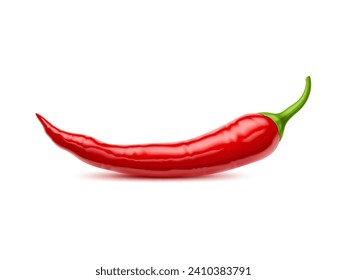 Realistic raw isolated whole chili pepper. 3d vector vibrant, red chilly pod, sleek and fiery, flaunts a slender form, conceals potent heat within, daring taste buds to savor its spicy intensity