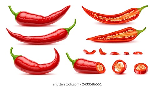 Realistic raw isolated whole and half chili pepper, slice and ring of hot vegetable spice, vector food seasoning. 3d ripe chili, cayenne or jalapeno peppers, mexican cuisine vegetable with seeds