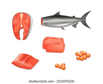 Realistic raw salmon fish set, peeled fillet, steak and caviar for restaurant menu design. Marine meal. Raw trout without head. Seafood meal. 3d vector illustration