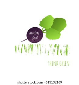 Realistic raw vegetables. Isolated icon of ripe beetroot with text Think green. Vector illustration