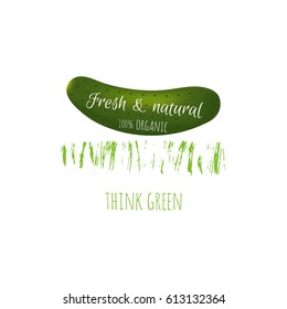Realistic raw vegetables. Isolated icon of ripe cucumber with text Think green. Vector illustration