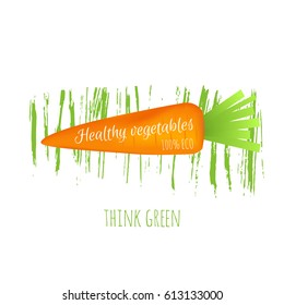 Realistic raw vegetables. Isolated icon of ripe carrot with text Think green. Vector illustration