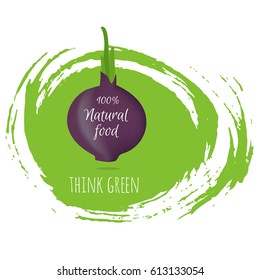 Realistic raw vegetables. Isolated icon of ripe onion with text Think green. Vector illustration