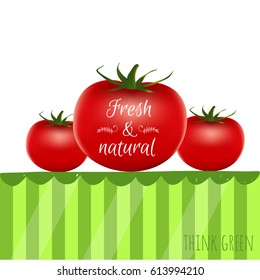 Realistic raw vegetables. Isolated icon of ripe tomato with text Think green. Vector illustration
