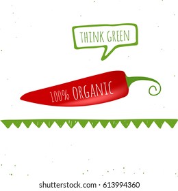 Realistic raw vegetables. Isolated icon of ripe red pepper with text Think green. Vector illustration