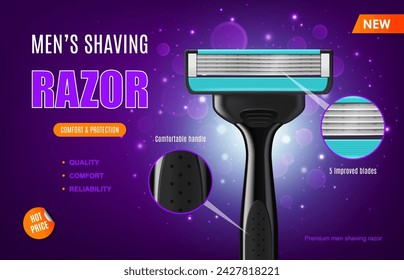 Realistic razor, shaving blade. 3d vector banner with precision-engineered grooming tool for smooth and efficient shaving experience offering blend of modern design and cutting-edge technology for men