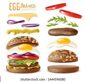 Realistic ready egg Burger with isolated elements which are easy to change and move on white background with separate isolated ingredients
