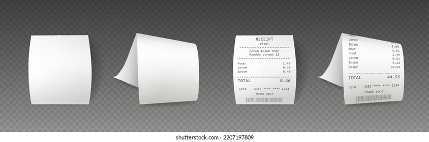 Realistic Receipt, Cash Paper Bill With Item List. Purchase Invoice Mockup, Cheque With Barcode Isolated On A Transparent Background. Vector Illustration.