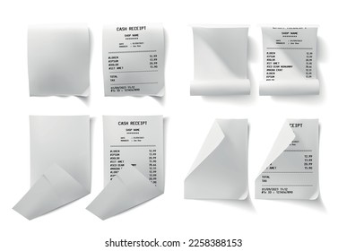 Realistic receipt set of isolated paper sheets with purchases list text with shadows on blank background vector illustration