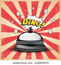 Realistic reception bell and Ding sign on striped comic book grunge background. Vector illustration