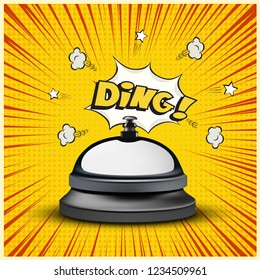 Realistic reception bell and Ding sign on striped comic book or manga style background. Vector illustration.