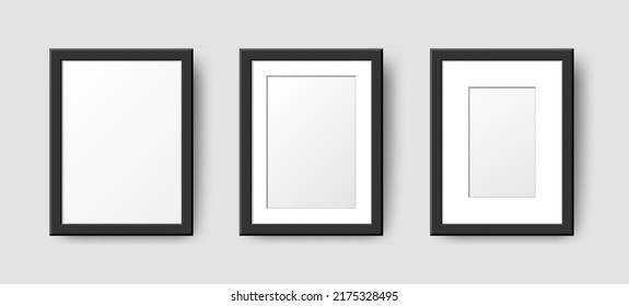 Realistic Rectangle Empty Wall Photo Frames set. Vector vertical black picture frame mockup template with shadow on gray background. Mockup for poster, banner, photo gallery, painting, presentation.