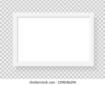 Realistic rectangle picture frame isolated on transparent background. Blank white picture frame mockup template. Photo frame pattern. Modern advertise mockup. Vector illustration