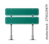 Realistic rectangle traffic sign on metal steel pole isolated. Green road panel mockup - direction highway, board text, city location, street arrow, stop, danger, warning signage. Vector PNG