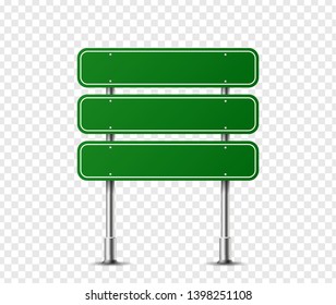Realistic rectangle traffic sign on metal steel pole isolated. Green road panel mockup - direction highway, board text, city location, street arrow, stop, danger, warning signage. Vector illustration