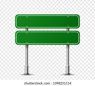 Realistic rectangle traffic sign on metal steel pole isolated. Green road panel mockup - direction highway, board text, city location, street arrow, stop, danger, warning signage. Vector illustration