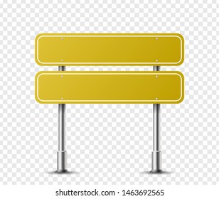 Realistic rectangle traffic sign on metal steel pole isolated. Yellow road panel mockup - direction highway, board text, city location, street arrow, stop, danger, warning signage. Vector illustration