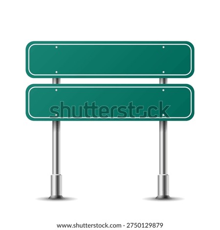 Realistic rectangle traffic sign on metal steel pole isolated. Green road panel mockup - direction highway, board text, city location, street arrow, stop, danger, warning signage. Vector PNG