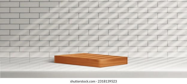 Realistic rectangle wood podium on tiled wall background with sunlight through blinds. Vector illustration of natural oak platform for luxury beauty product presentation, kitchen interior design