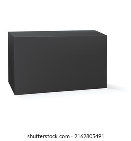 Realistic rectangular black blank medical and horizontal cosmetic box. Detailed packaging mockup with a shadow that is transparent by masks.