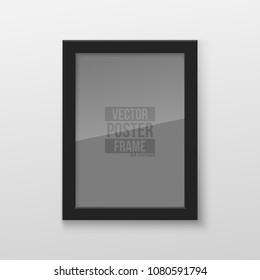 Realistic Rectangular Black Blank Picture Frame A3, A4 sizes, hanging on a White Wall from the Front. Vector illustration Empty Frame with Shiny Glass. Design Template for Mock Up.