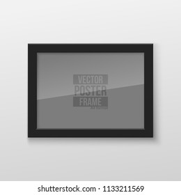 Realistic Rectangular Black Blank Picture Frame A3, A4 sizes, hanging on a White Wall from the Front. Vector illustration Empty Frame with Shiny Glass. Design Template for Mock Up.