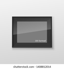 Realistic Rectangular Black Blank Picture Frame A3, A4 sizes, hanging on a White Wall from the Front. Vector illustration Empty Frame with Shiny Glass. Design Template for Mock Up.