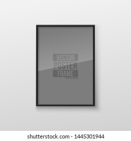 Realistic Rectangular Black Blank Picture Frame A3, A4 sizes, hanging on a White Wall from the Front. Vector illustration Empty Frame with Shiny Glass. Design Template for Mock Up.