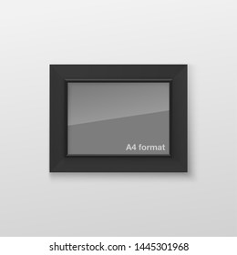 Realistic Rectangular Black Blank Picture Frame A3, A4 sizes, hanging on a White Wall from the Front. Vector illustration Empty Frame with Shiny Glass. Design Template for Mock Up.