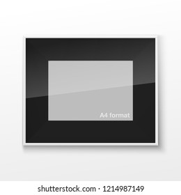 Realistic Rectangular Black and White Blank Picture Frame A3, A4 sizes, hanging on a White Wall from the Front. Vector illustration Empty Frame with Shiny Glass. Design Template for Mock Up.