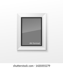 Realistic Rectangular Black and White Blank Picture Frame A3, A4 sizes, hanging on a White Wall from the Front. Vector illustration Empty Frame with Shiny Glass. Design Template for Mock Up.
