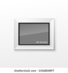 Realistic Rectangular Black and White Blank Picture Frame A3, A4 sizes, hanging on a White Wall from the Front. Vector illustration Empty Frame with Shiny Glass. Design Template for Mock Up.