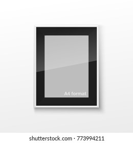 Realistic Rectangular Black and White Blank Picture Frame A3, A4 sizes, hanging on a White Wall from the Front. Vector illustration Empty Frame with Shiny Glass. Design Template for Mock Up.