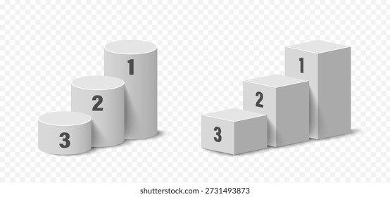 Realistic rectangular and cylinder podiums for award or demonstration isolated on a transparent background 