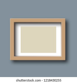 Realistic rectangular frame. Isolated on grey background. Wood, plastic. Horizontally oriented. Space for an image or label. Vector illustration.