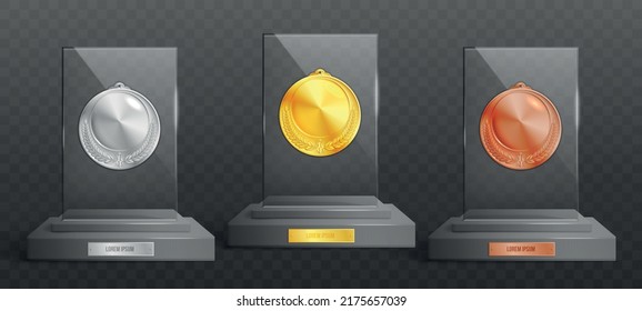 Realistic rectangular glass winner awards on pedestal with gold silver and bronze medals on transparent background isolated vector illustration