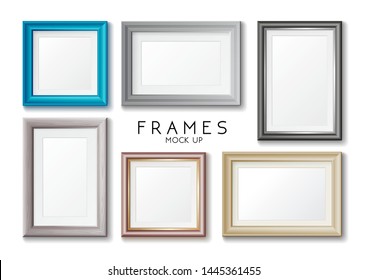 Realistic rectangular gold and blue frames set, template with text Place here your creative art, frames on the wall mockup with decorative borders, isolated on white wall frame vector illustration