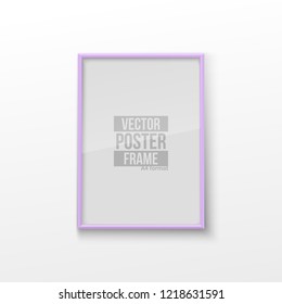 Realistic Rectangular Light Purple Color Blank Picture Frame A3, A4 sizes, hanging on a White Wall from the Front. Vector illustration Empty Frame with Shiny Glass. Design Template for Mock Up.