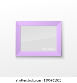 Realistic Rectangular Light Purple Color Blank Picture Frame A3, A4 sizes, hanging on a White Wall from the Front. Vector illustration Empty Frame with Shiny Glass. Design Template for Mock Up.
