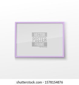 Realistic Rectangular Light Purple Color Blank Picture Frame A3, A4 sizes, hanging on a White Wall from the Front. Vector illustration Empty Frame with Shiny Glass. Design Template for Mock Up.