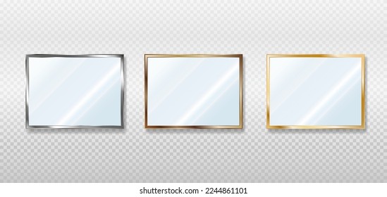 Realistic rectangular mirrors in metal, bronze and gold frames. Reflective glass plate. 3d vector illustration  isolated on transparent background.