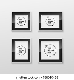 Realistic Rectangular Picture Frame A3, A4 sizes with Innovative vector quotation template in quotes, hanging on a White Wall from the Front. Creative banner with a quote in a frame with quotes.