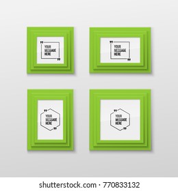 Realistic Rectangular Picture Frame A3, A4 sizes with Innovative vector quotation template in quotes, hanging on a White Wall from the Front. Creative banner with a quote in a frame with quotes.