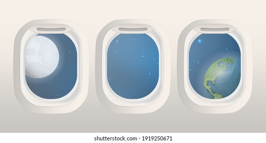 Realistic Rectangular Portholes With A View Of Space. Airplane And Space Shuttle Window. Vector Illustration