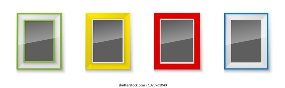 Realistic Rectangular red green blue yellow Colors Blank Picture Frame A3, A4 sizes, hanging on a White Wall from the Front. illustration Empty Frame with Shiny Glass. Design Template for Mock Up Set
