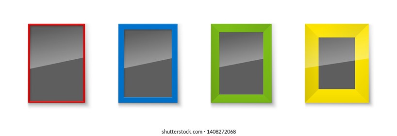 Realistic Rectangular red green blue yellow Colors Blank Picture Frame A3, A4 sizes, hanging on a White Wall from the Front. illustration Empty Frame with Shiny Glass. Design Template for Mock Up Set